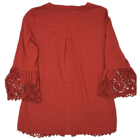 Chico's Rust Red Lace Embroidered Crochet Bell Sleeve Tunic Top Womans Size 0 - Picture 3 of 8